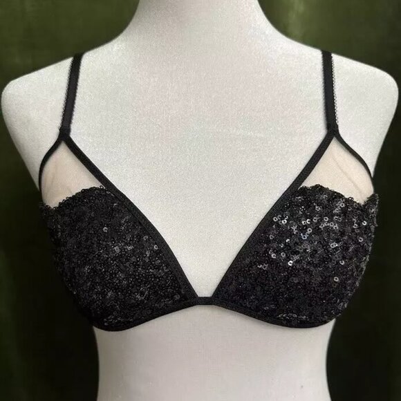 Victoria Secret Bralette Sheer Black Embellished Sequins Bra Size S/P - Picture 1 of 8